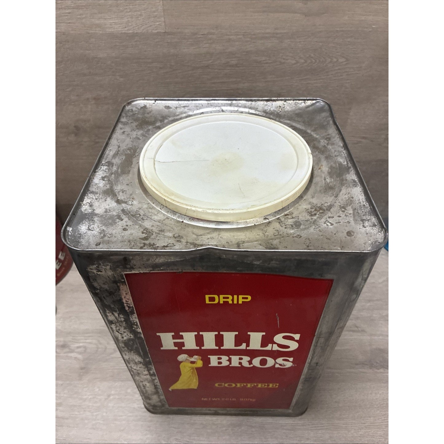 Vintage Coffee Tin HILLS BROS 20 Pounds Large With Lid 14" x 9" x 9"