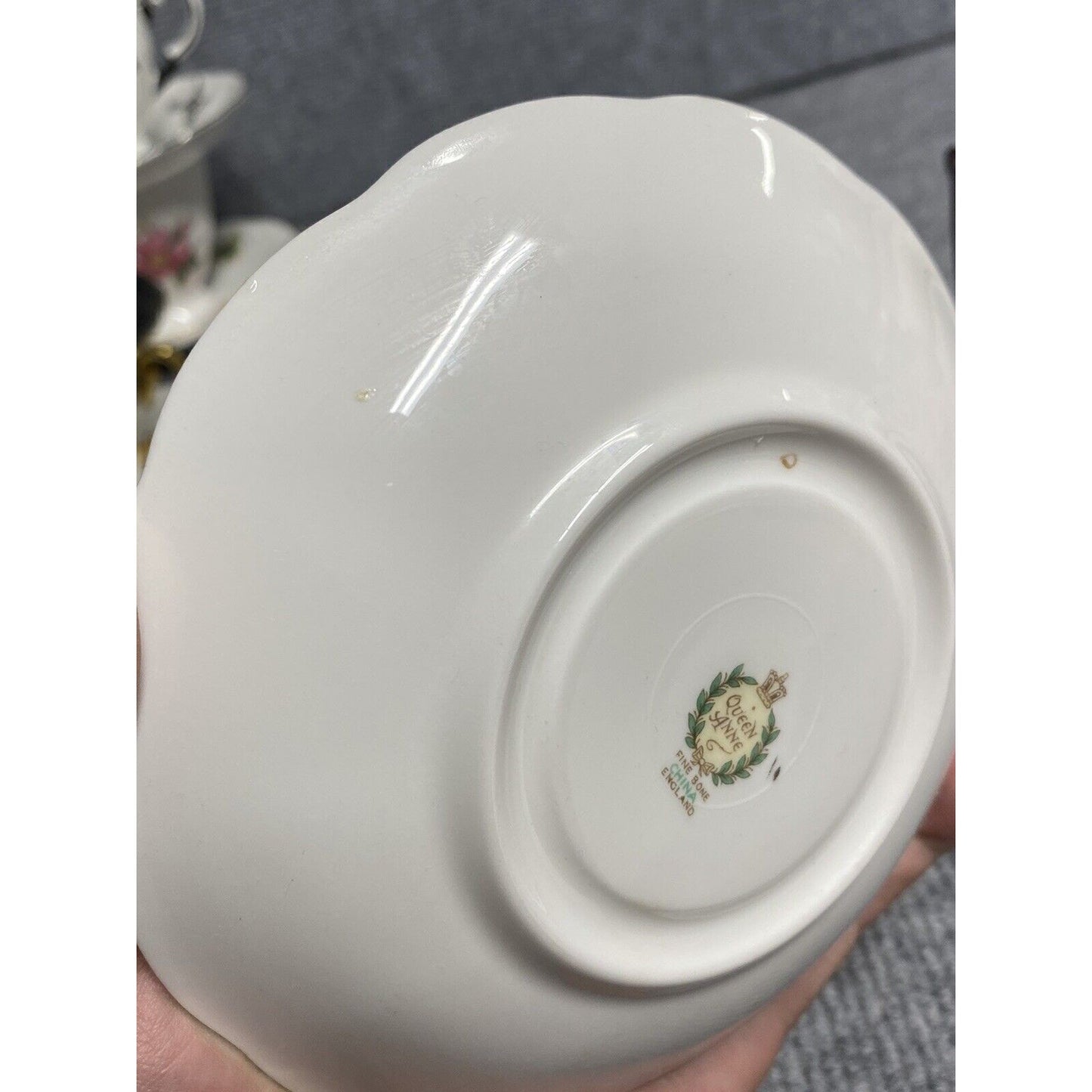 Queen Anne Teacup and Saucer with Hand-Enameled Blue Flowers