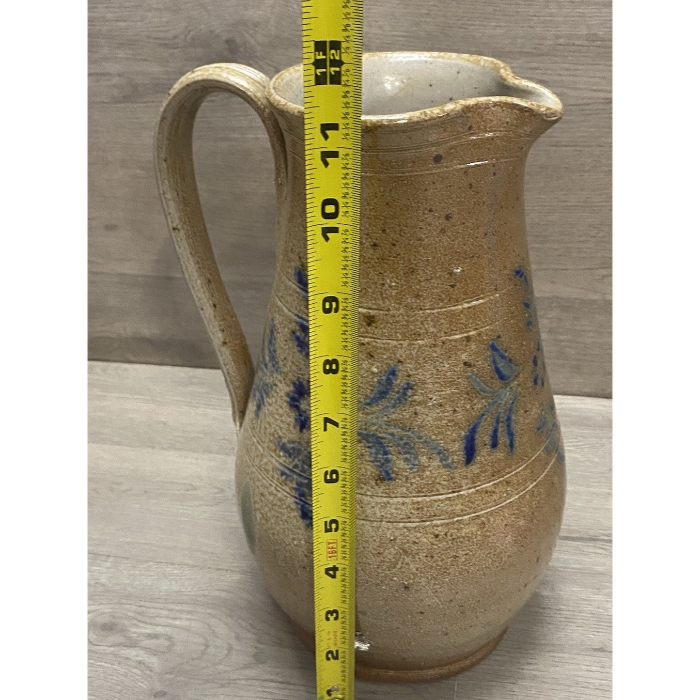 Nora Fenton Stoneware Pitcher 11” Blue Floral Salt Glazed