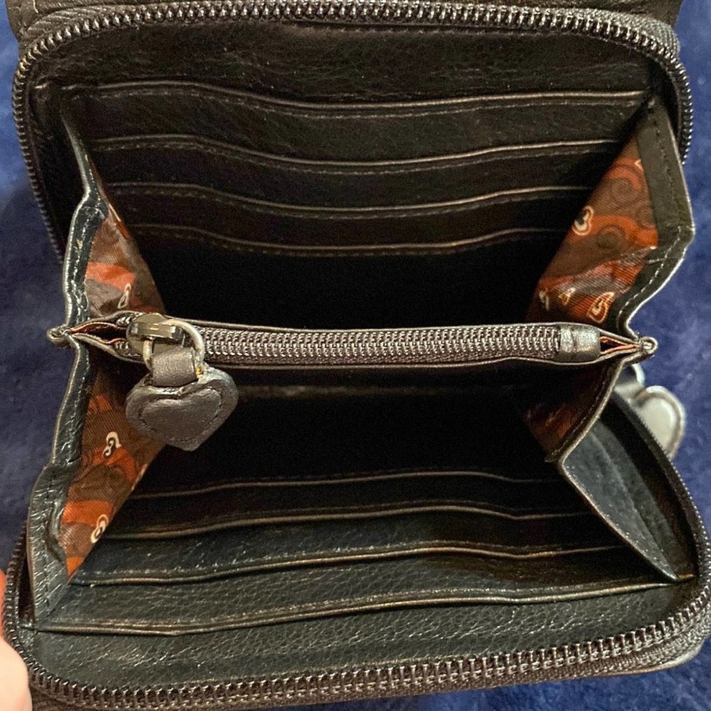 Vintage Black & Red Leather Folding Wallet Purse with Silver Heart Embellishment
