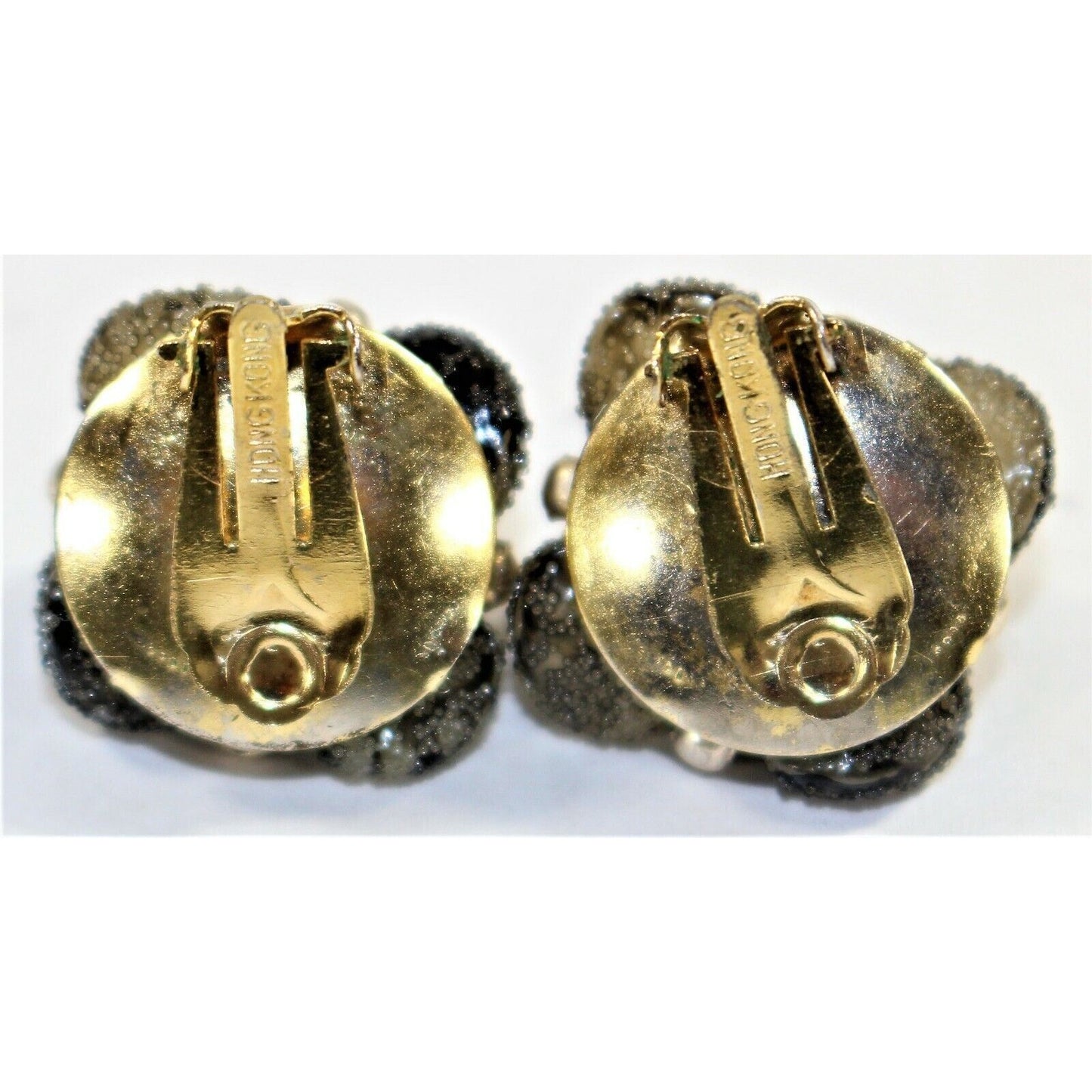 Gray & Black Gold Tone Beaded Cluster Clip On Earrings Beaded Hong Kong 1"