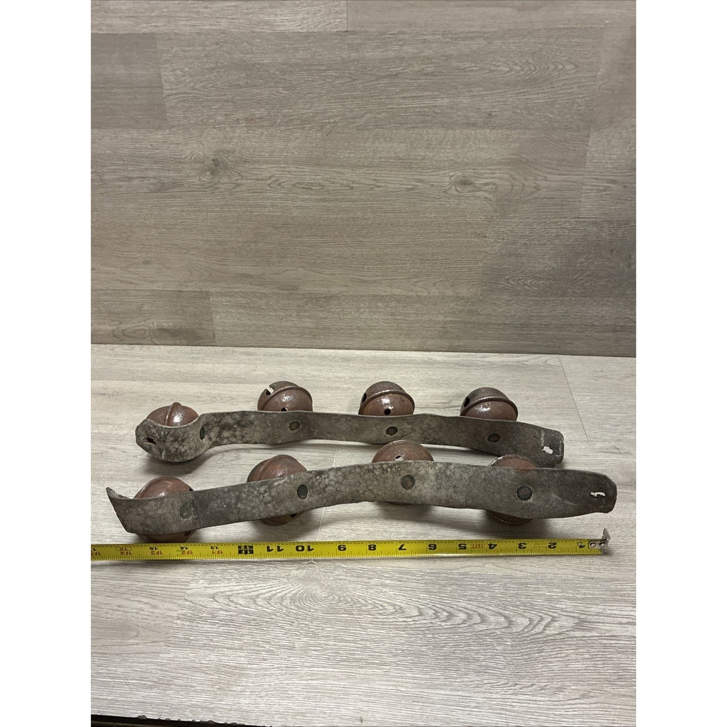 (8) Antique Sleigh Bells Horse Harness Leather Rustic Christmas 2 Straps 2-2.5”