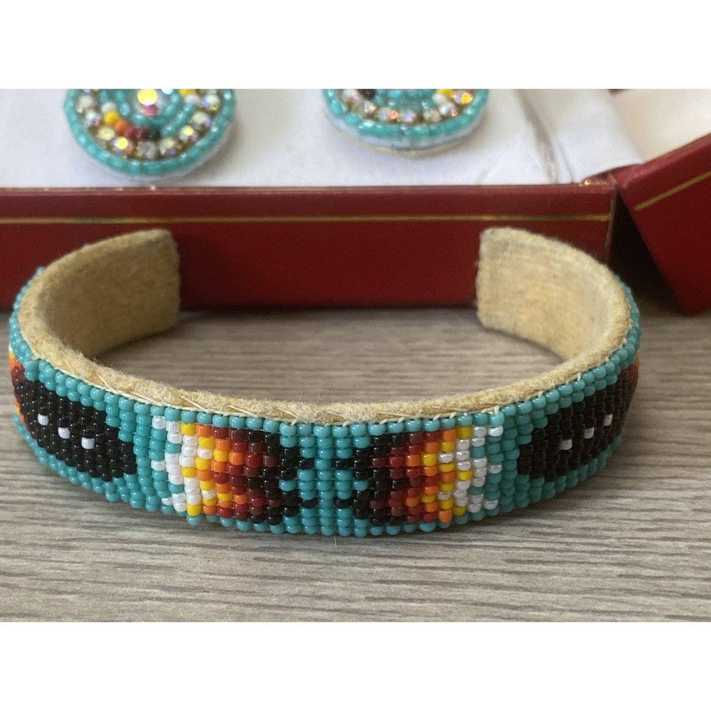 Native American Micro Beaded Cuff Bracelet & Earrings Pair