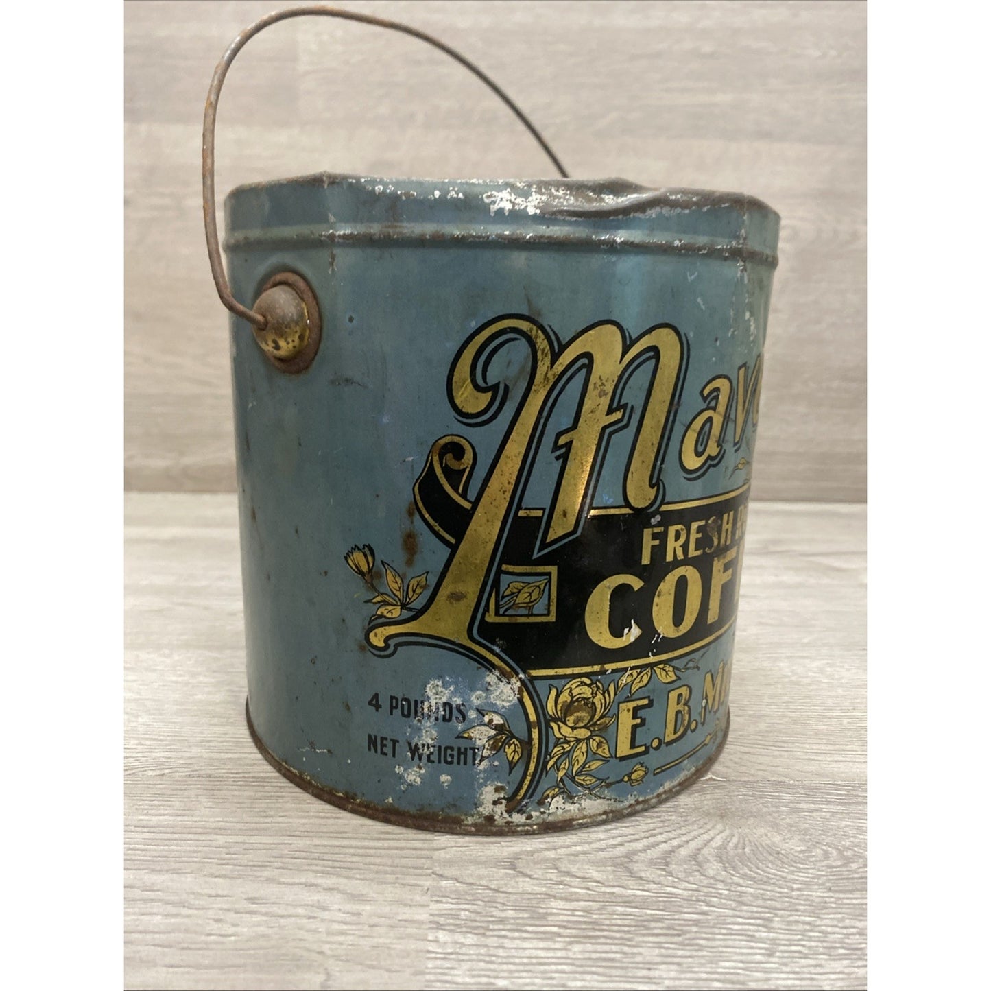 ANTIQUE MAVERICK COFFEE TIN LITHO 4LB PAIL CAN E.B. MILLAR CHICAGO GROCERY STORE