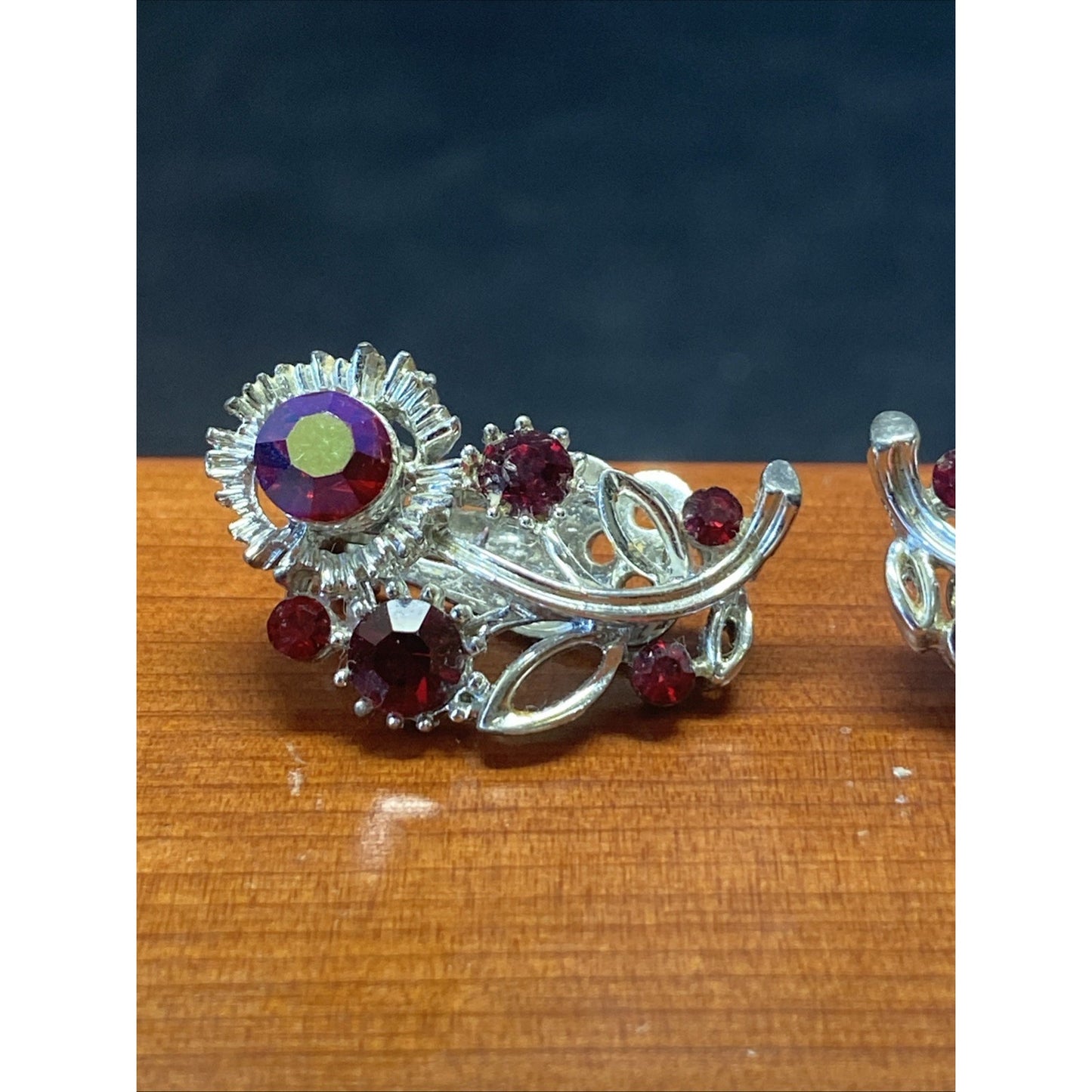 Vintage Lisner Silver and Ruby Flower Earrings