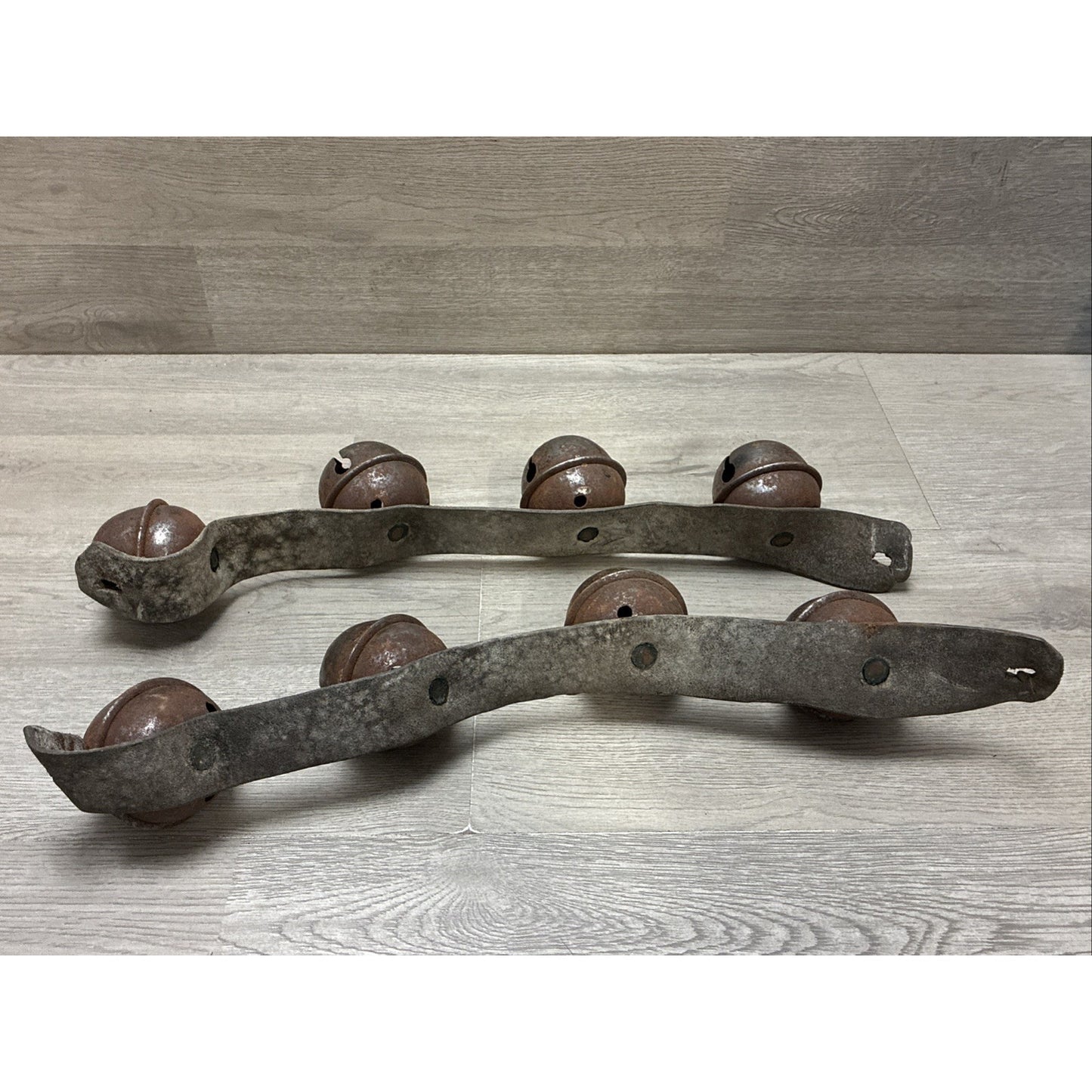 (8) Antique Sleigh Bells Horse Harness Leather Rustic Christmas 2 Straps 2-2.5”