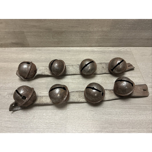 (8) Antique Sleigh Bells Horse Harness Leather Rustic Christmas 2 Straps 2-2.5”