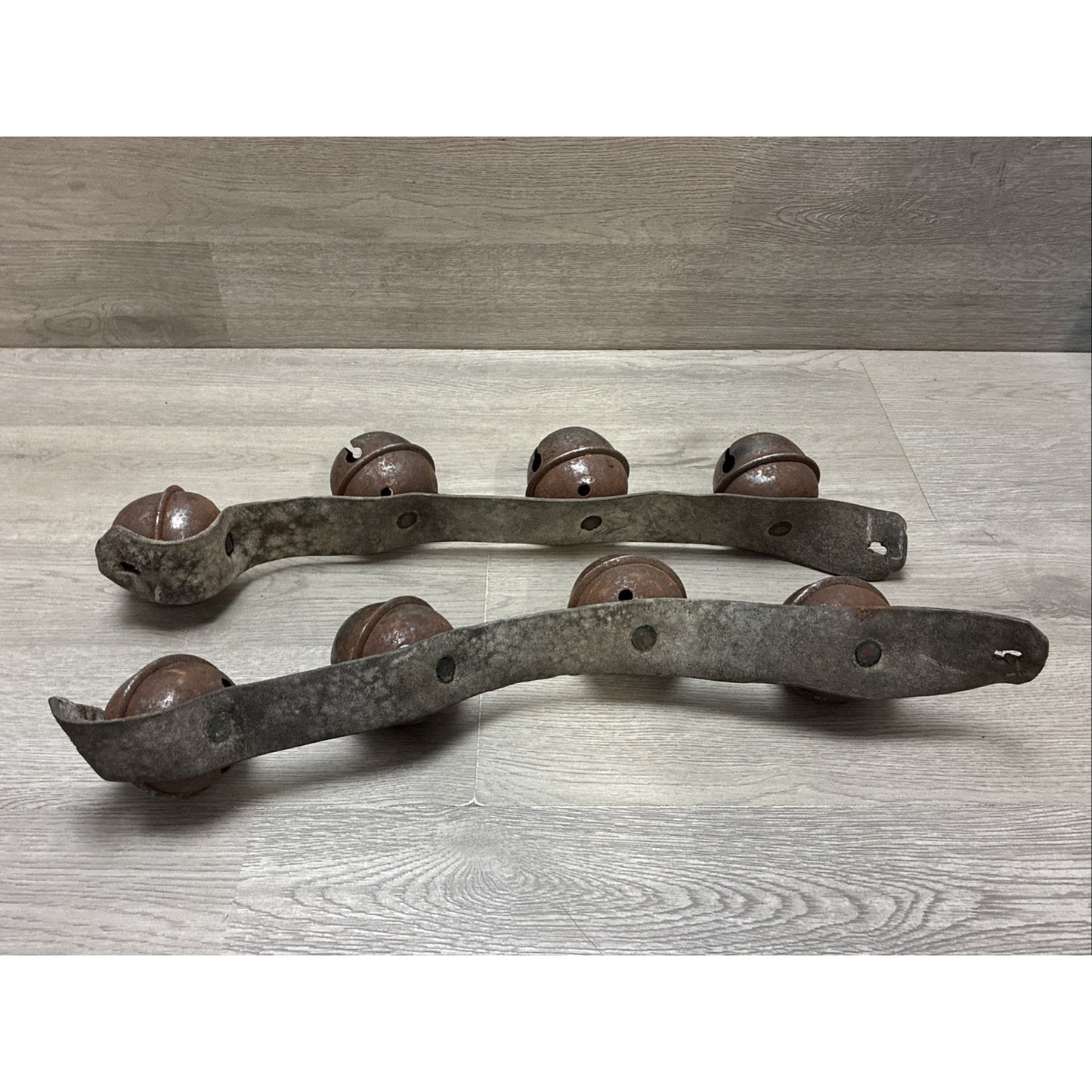 (8) Antique Sleigh Bells Horse Harness Leather Rustic Christmas 2 Straps 2-2.5”