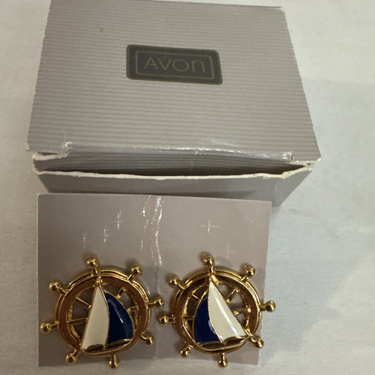 Signed Avon Sail Boat Ship's Wheel Earrings
