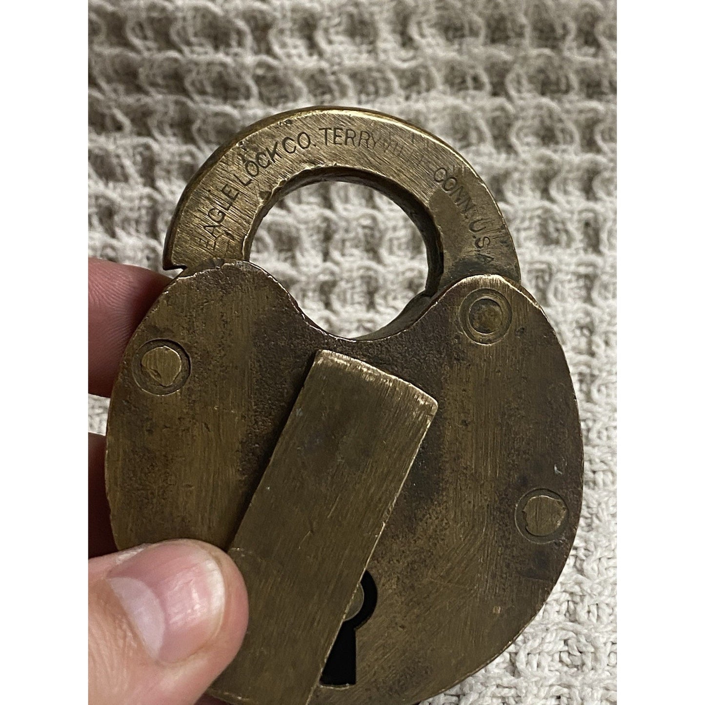 Antique Solid Brass Eagle Lock Co. Railroad Padlock no/key Heart Shaped
