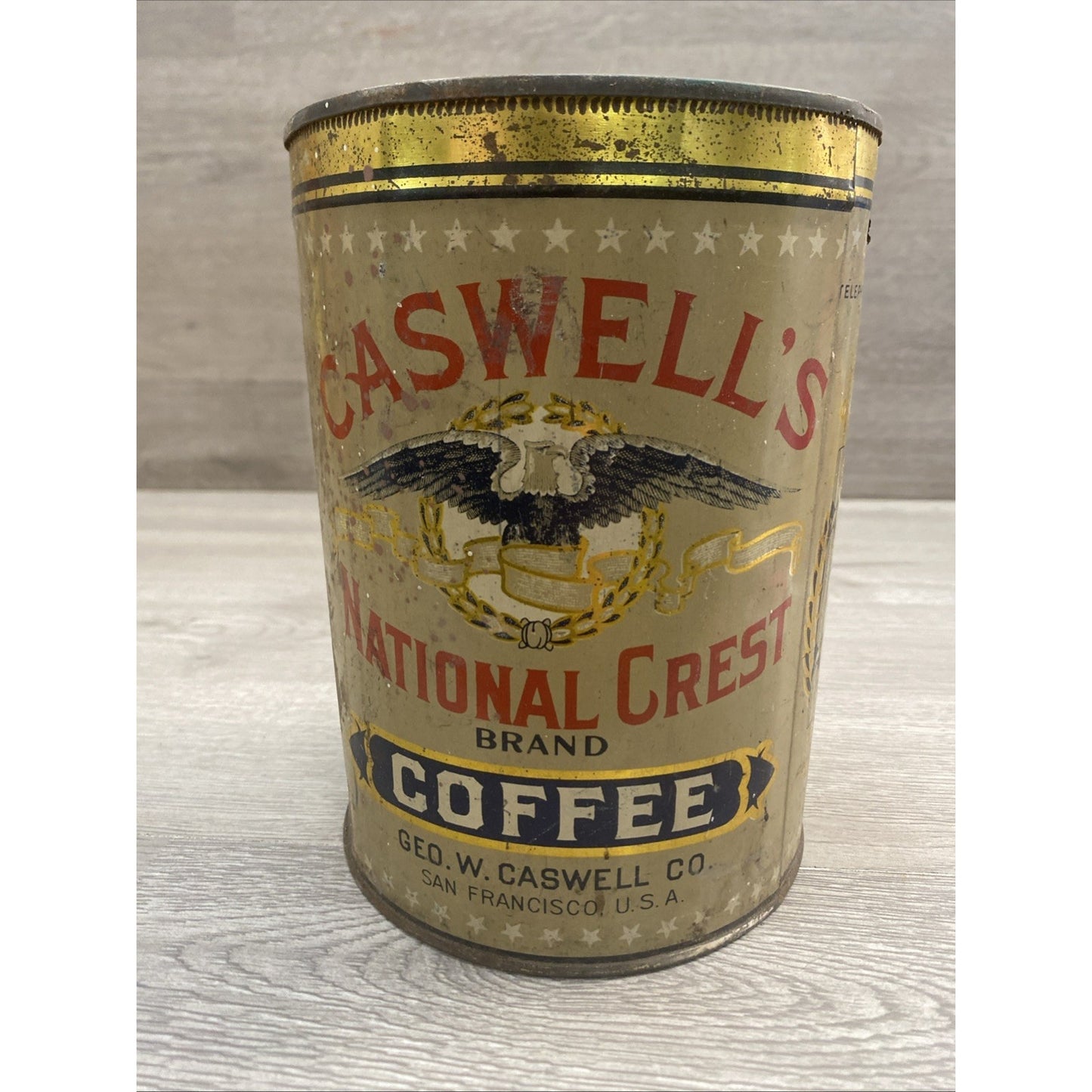 1920's CASWELLS NATIONAL CREST COFFEE TIN 2.5 LBS 7.5"