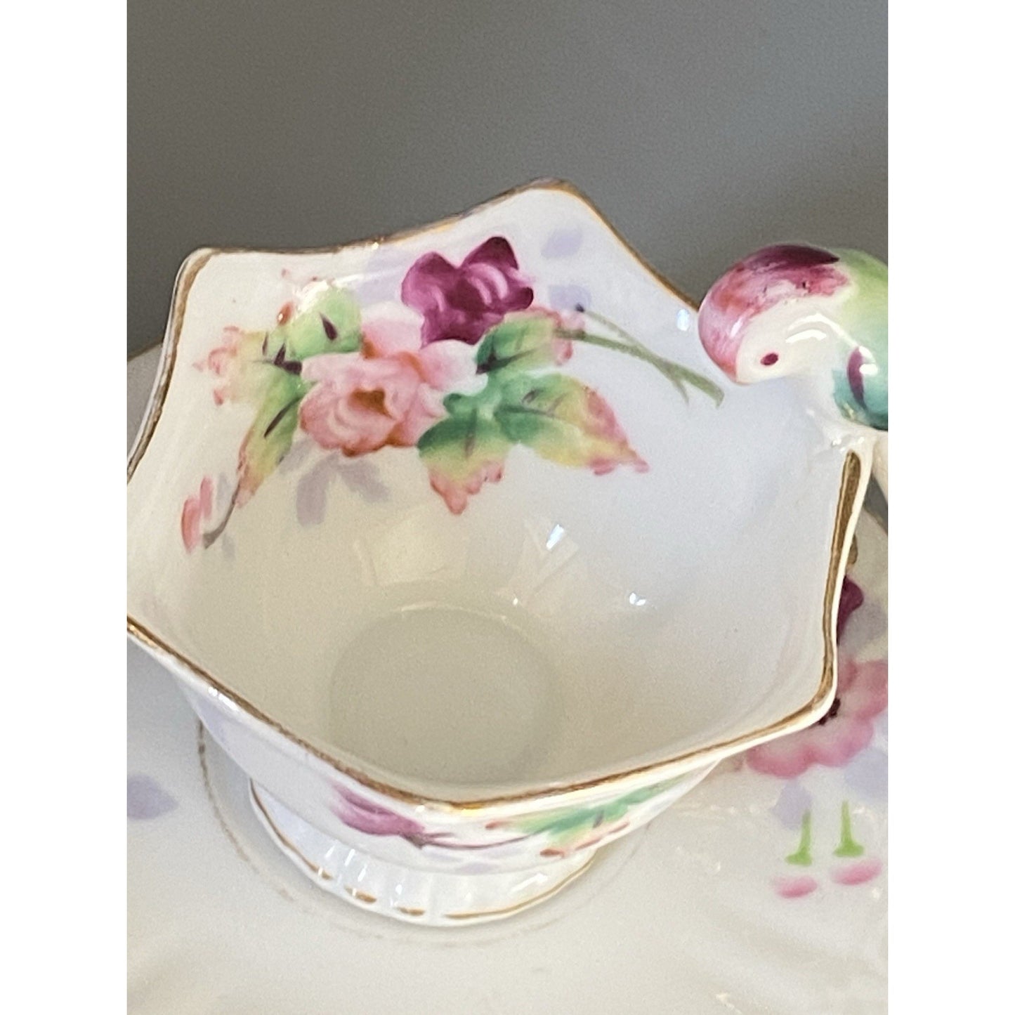 Japanese Marked Miniature Teacup & Saucer W/ Bird On Rim Floral