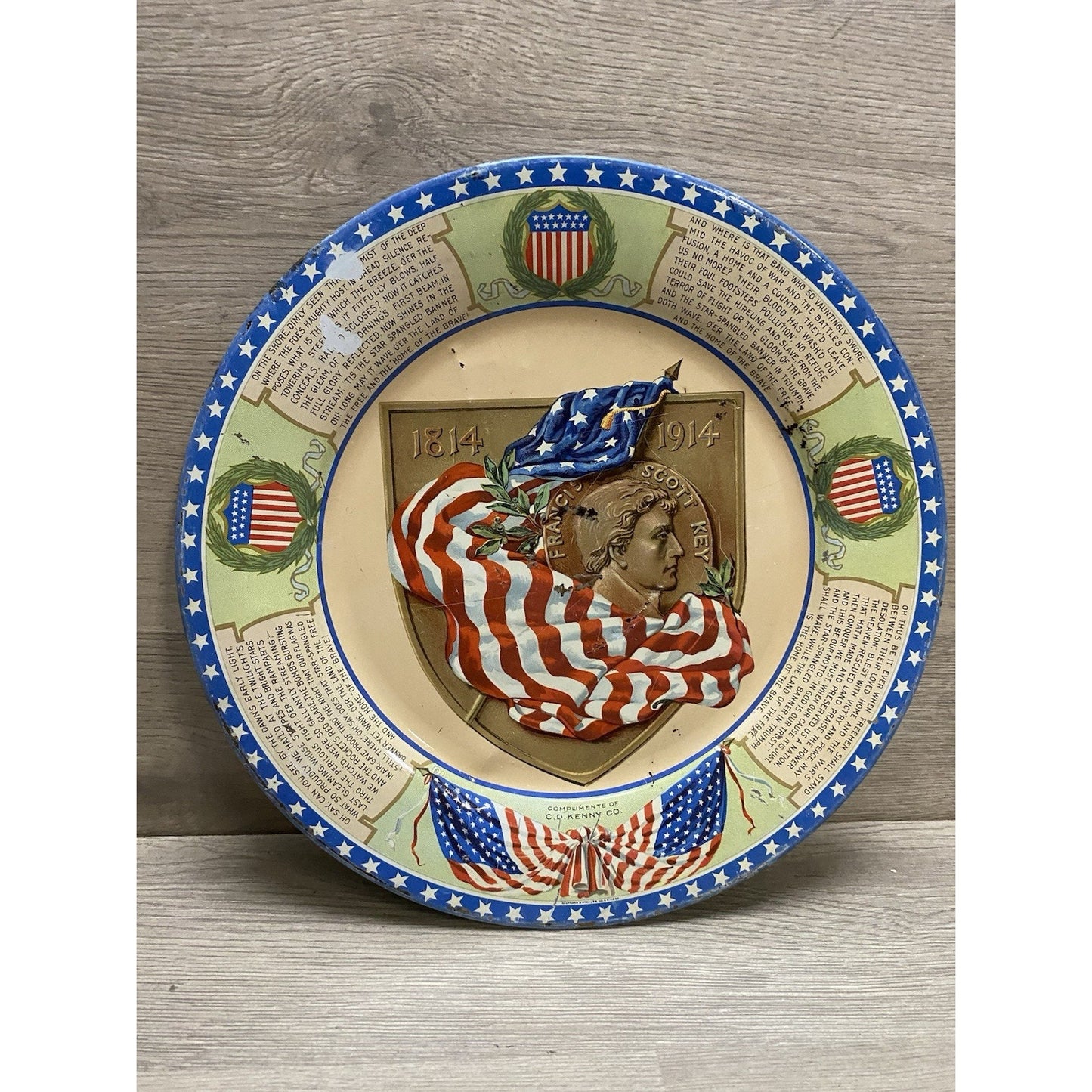 Antique Francis Scott Key Flag CD Kenny Coffee Tea Advertising Tin Litho Plate
