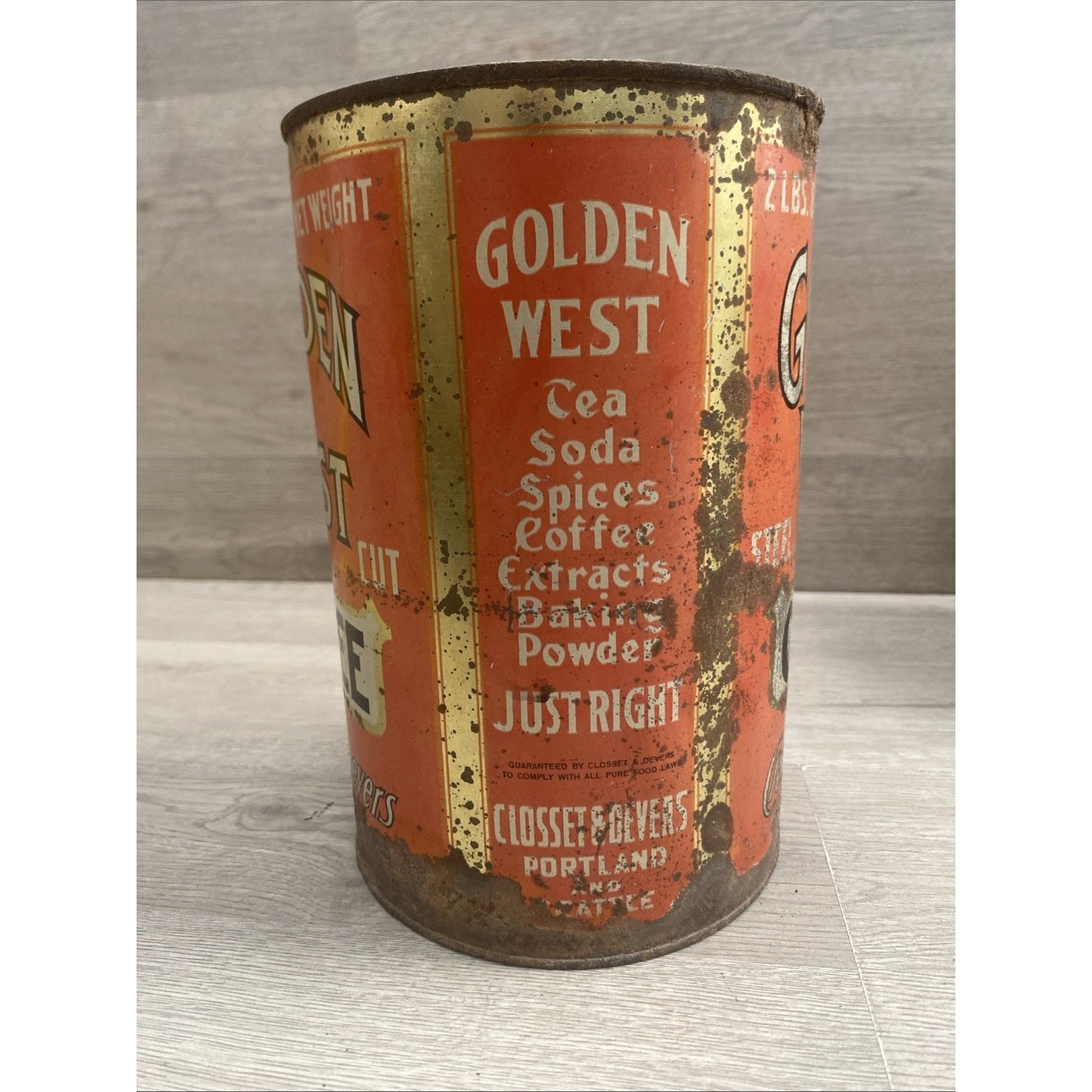 Rare ANTIQUE GOLDEN WEST COFFEE 2LB TIN LITHO CAN PORTLAND OR SEATTLE WA GROCERY