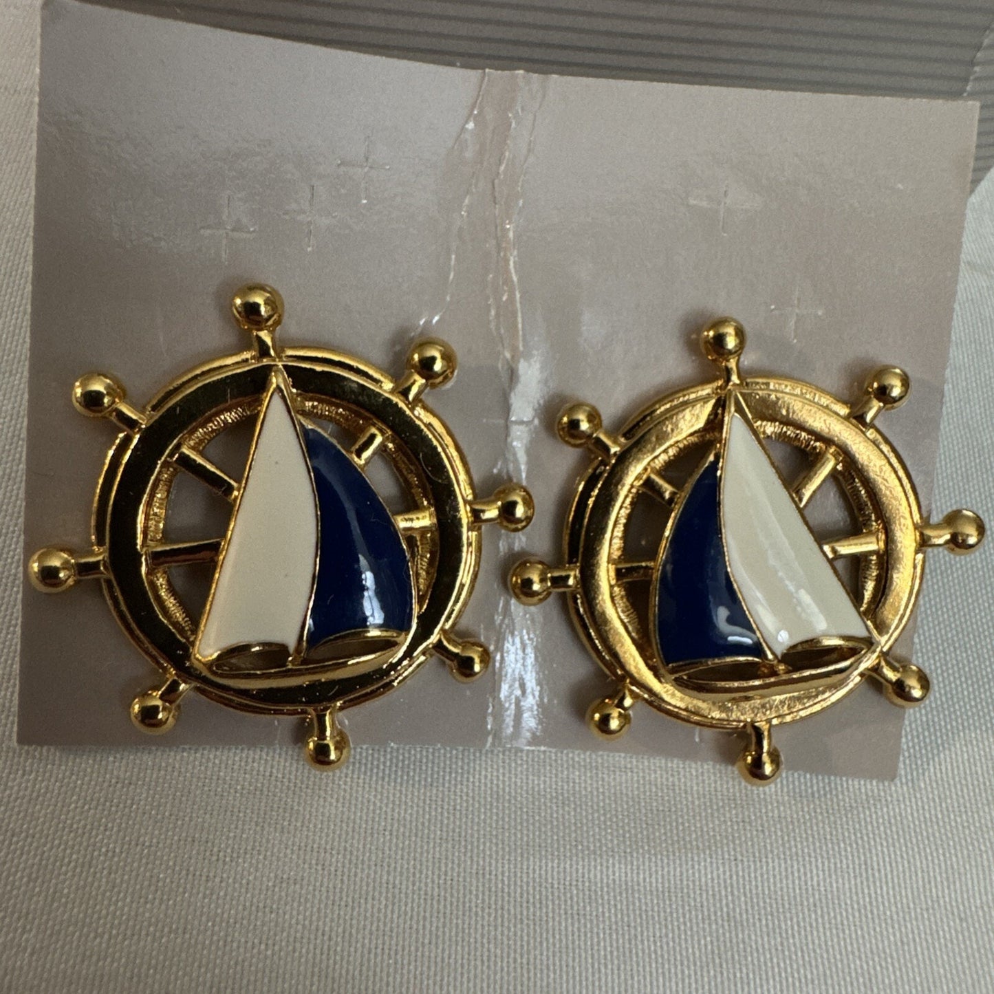 Signed Avon Sail Boat Ship's Wheel Earrings