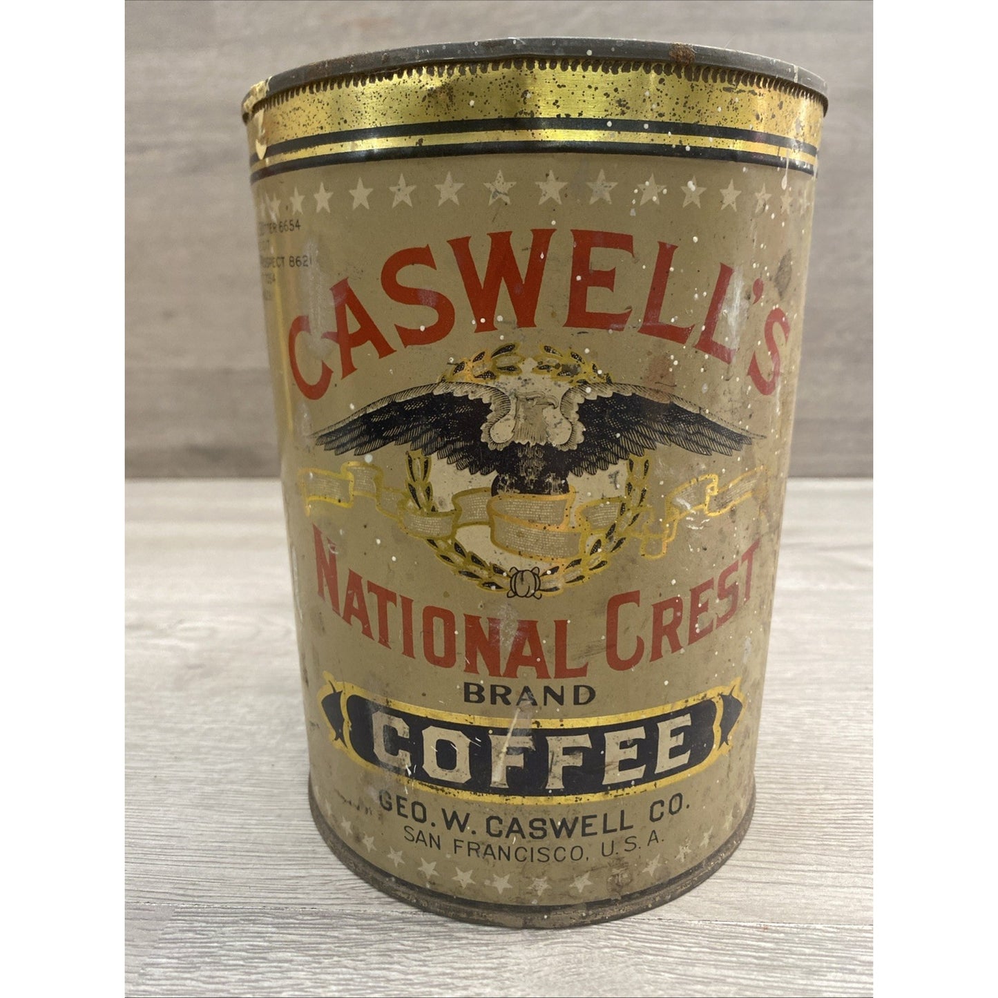 1920's CASWELLS NATIONAL CREST COFFEE TIN 2.5 LBS 7.5"