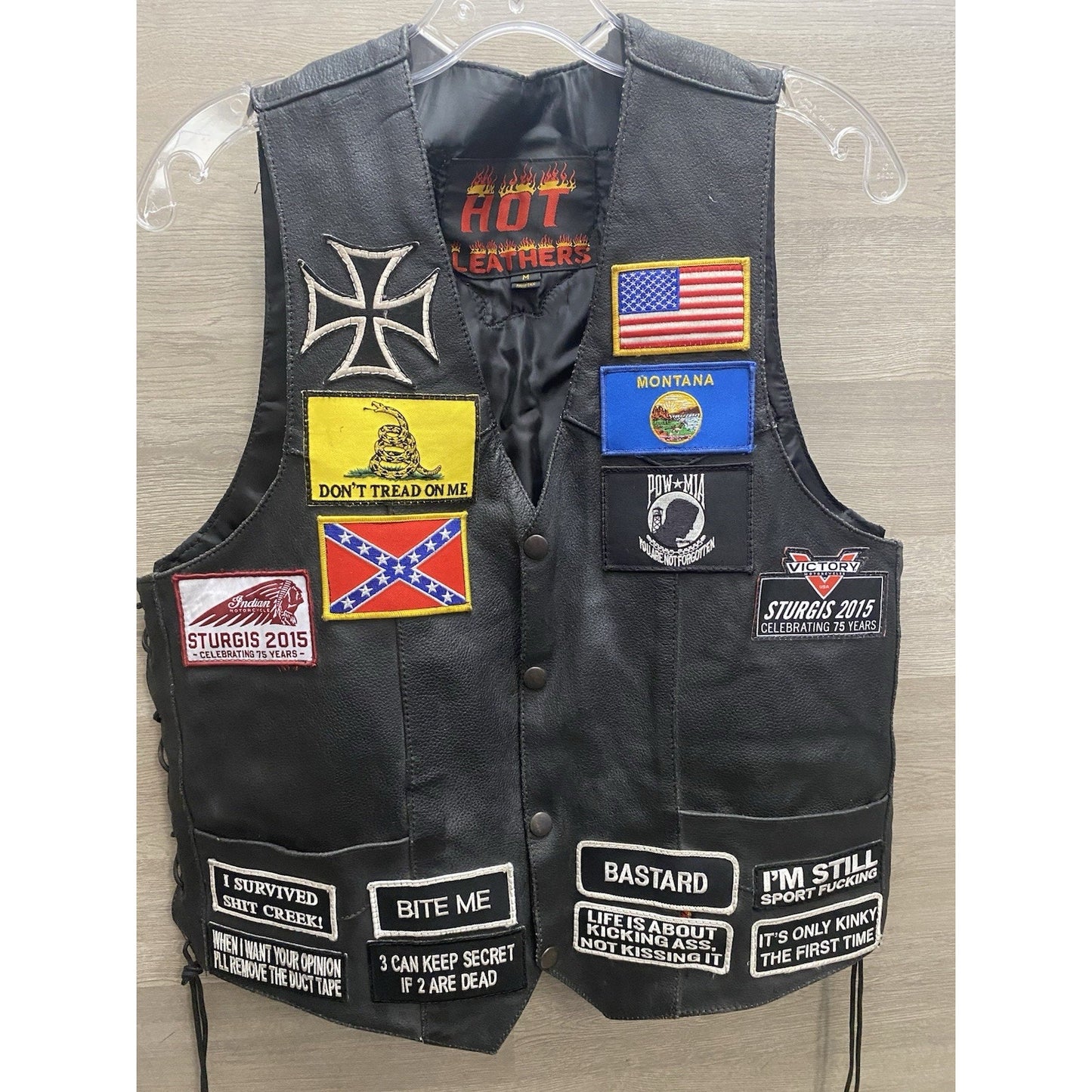 Hot Bikers Leather Motorcycle Vest W/ Patches SZ Med