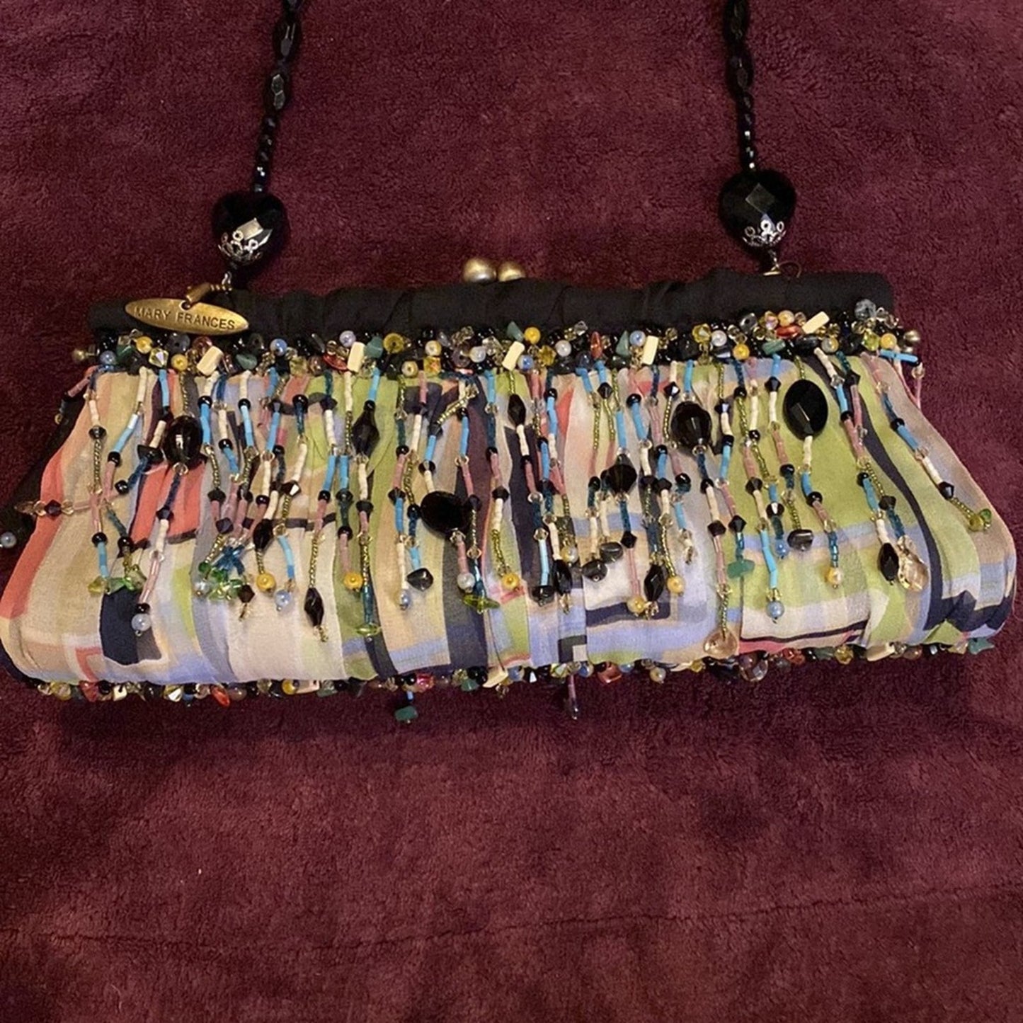 Mary Frances Multicolored Beaded Hard Case Purse with Jet Beaded Shoulder Strap