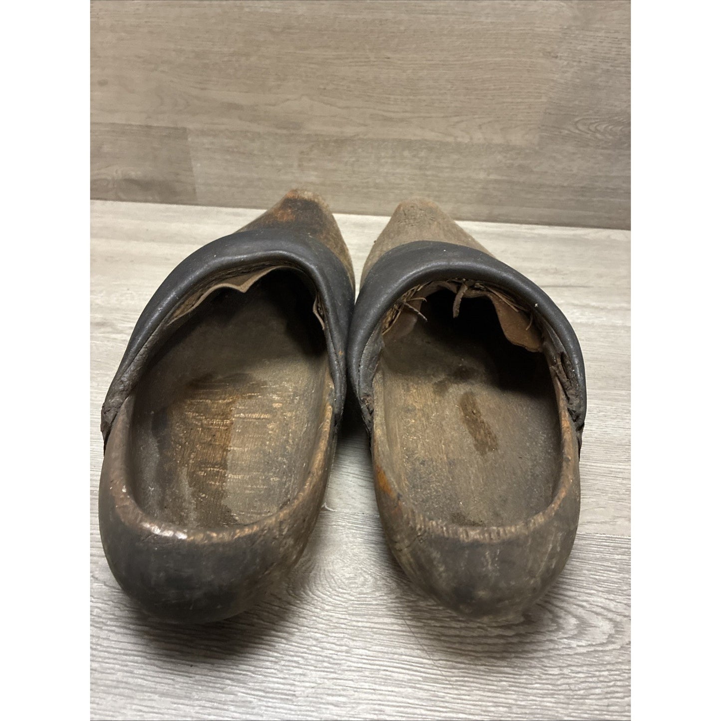 Antique Dutch Or German Wooden Clogs Shoes with Leather & Straw