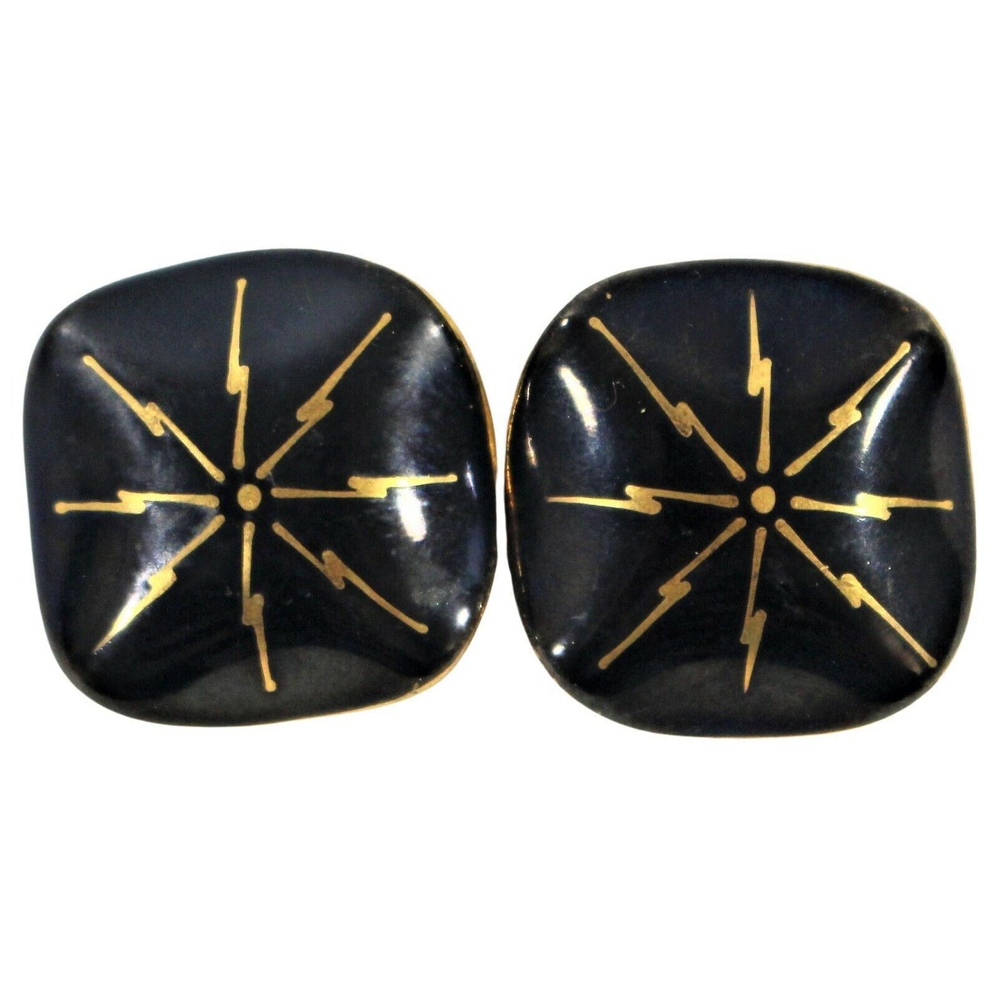 Vintage MCM Milvern Hand Painted Black Enamel Atomic Clip Earrings Square