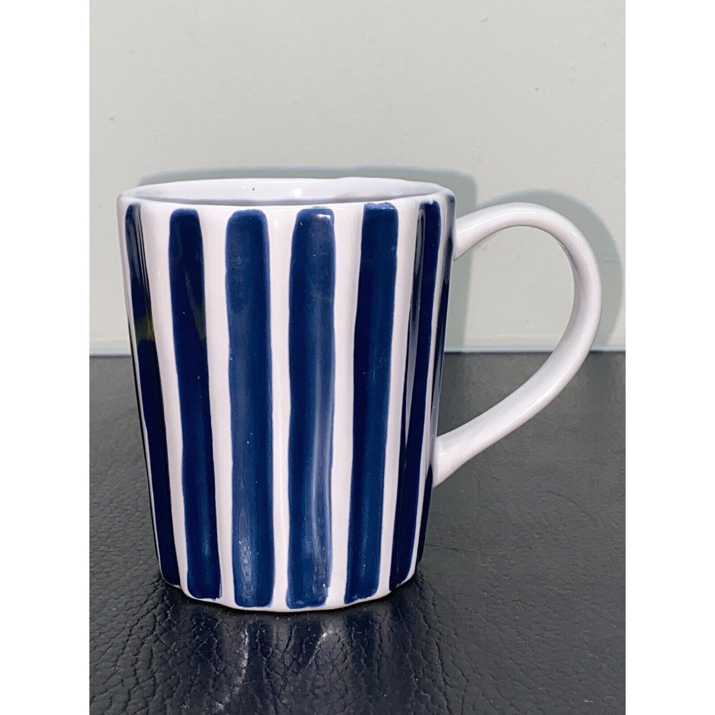 Starbucks Coffee Mug 2008 Blue White Hand Painted Ribbed Striped 12 oz Stripes