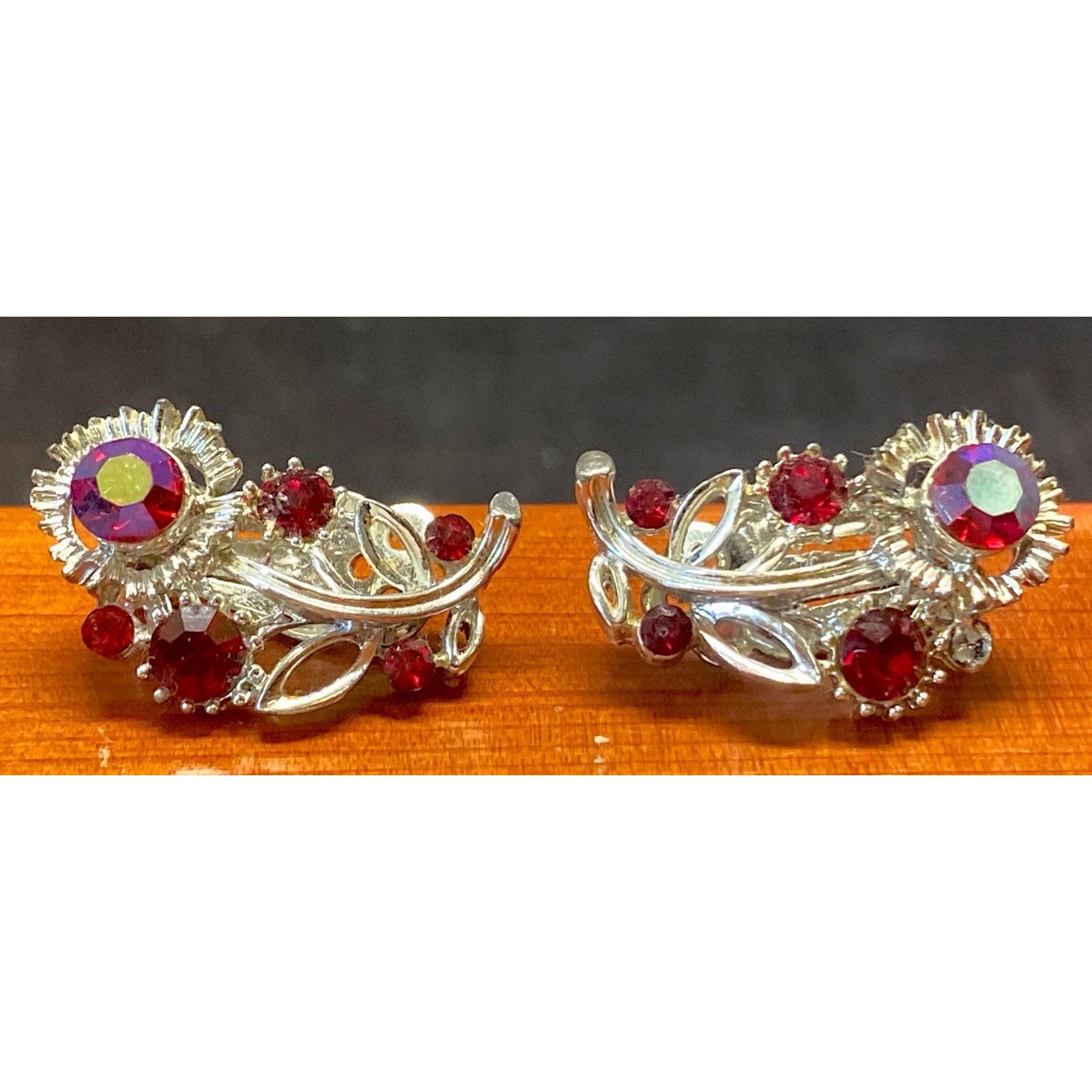 Vintage Lisner Silver and Ruby Flower Earrings
