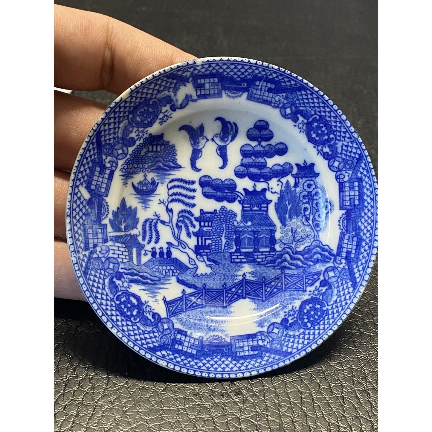 Vintage Blue Willow Flow Blue Miniature Teacup & Saucer Set