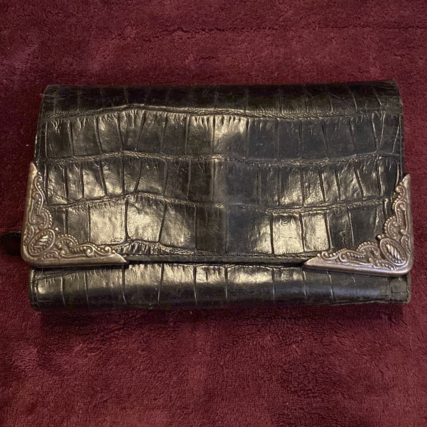 Vintage Brighton Black Leather Croc Clutch Purse Checkbook Wallet with Dust Bag