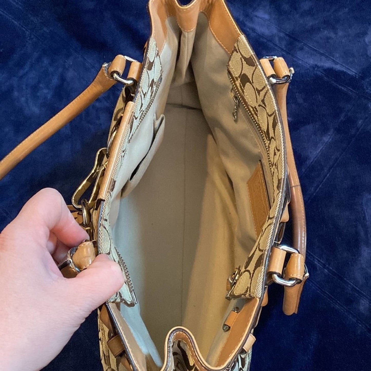 Coach Large Tan Hampton Signature Carryall Tote Purse with Braid Accents #F13068