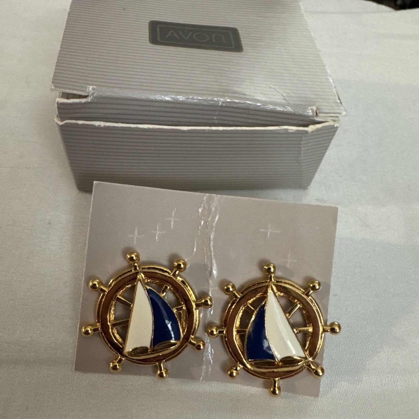Signed Avon Sail Boat Ship's Wheel Earrings
