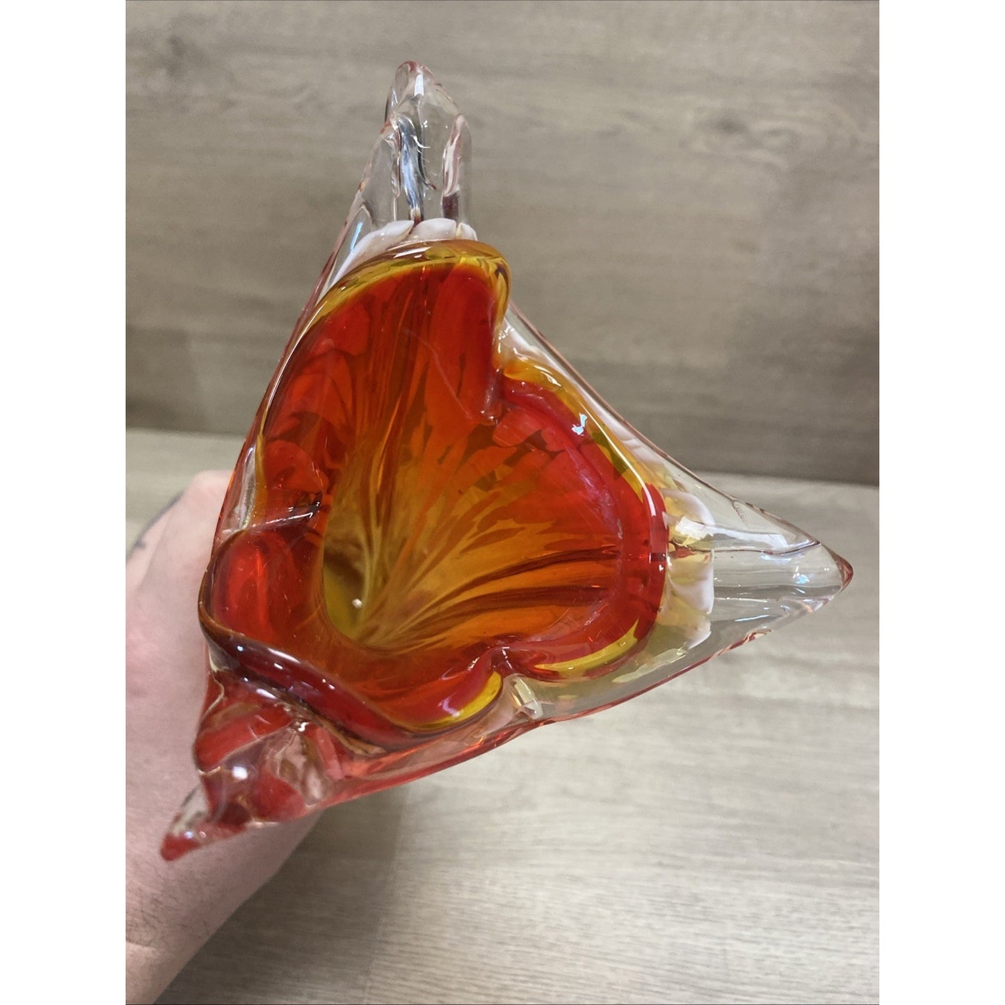MCM Art Glass Swung Amber Red Swirl Free Form Vase 12.25”