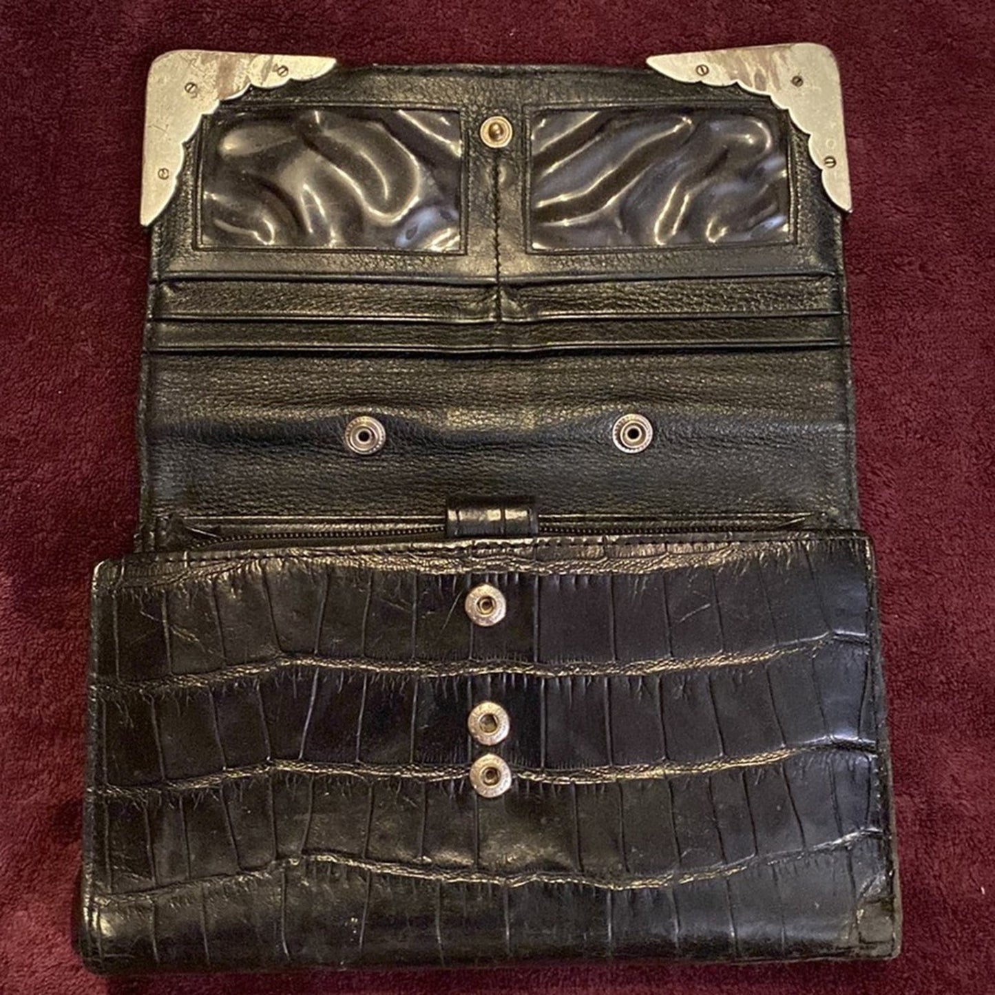 Vintage Brighton Black Leather Croc Clutch Purse Checkbook Wallet with Dust Bag