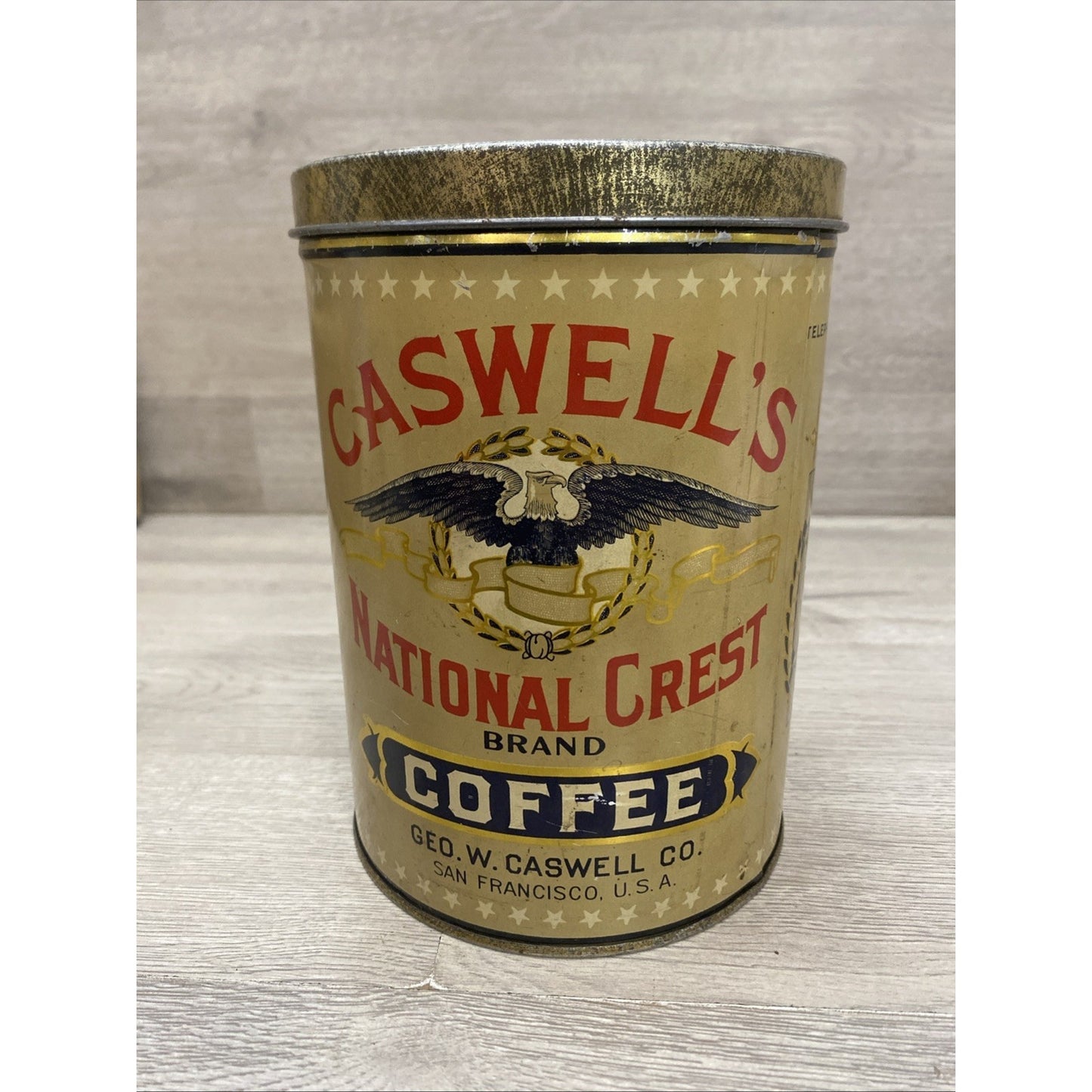 1920's CASWELLS NATIONAL CREST COFFEE TIN 2.5 LBS BEAUTIFUL CONDITION RARE 7.5"
