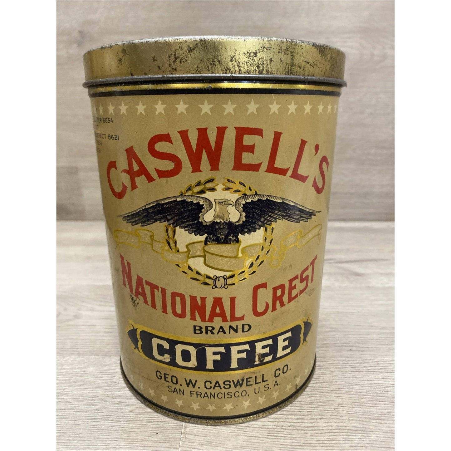 1920's CASWELLS NATIONAL CREST COFFEE TIN 2.5 LBS BEAUTIFUL CONDITION RARE 7.5"