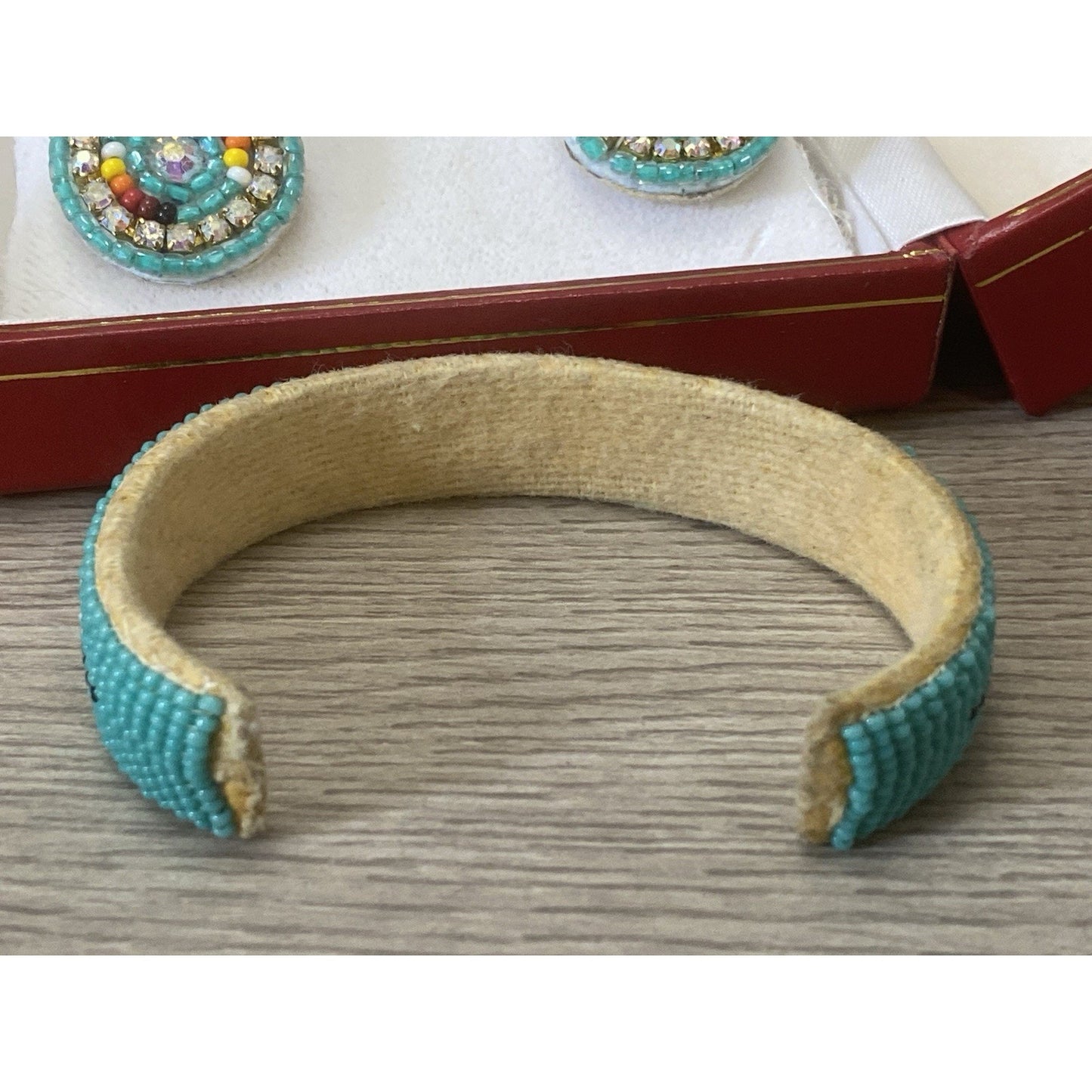 Native American Micro Beaded Cuff Bracelet & Earrings Pair