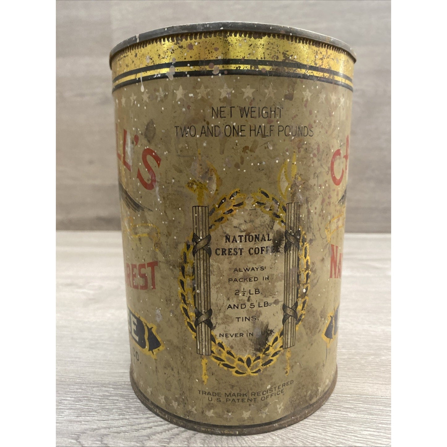 1920's CASWELLS NATIONAL CREST COFFEE TIN 2.5 LBS 7.5"