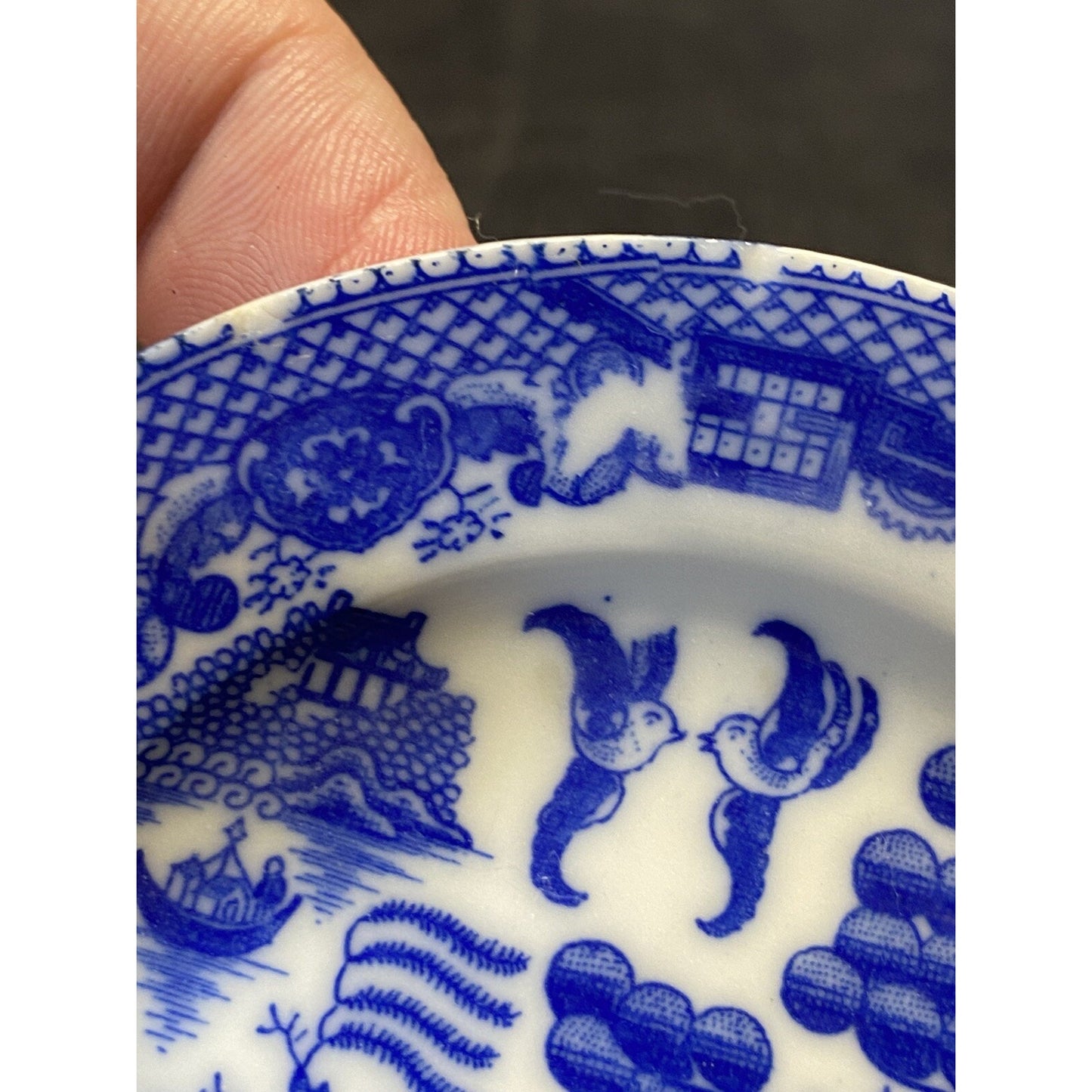 Vintage Blue Willow Flow Blue Miniature Teacup & Saucer Set