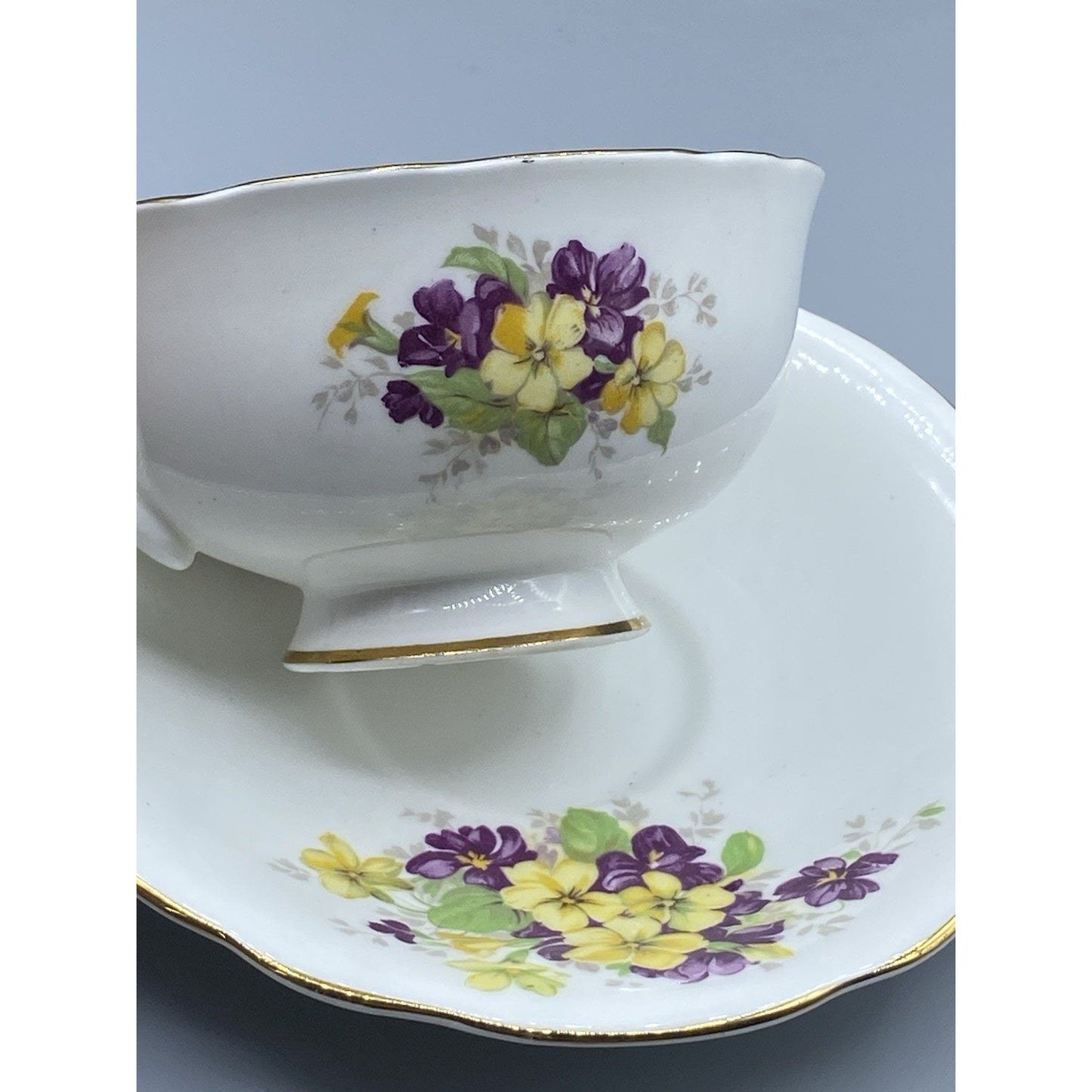 Vintage Clarence Floral Pansies Bone China Teacup & Saucer w/ Flowers England