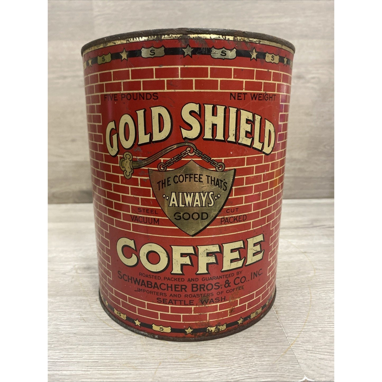 SEATTLE 1928 GOLD SHIELD COFFEE LARGE 5 POUND TIN Advertising