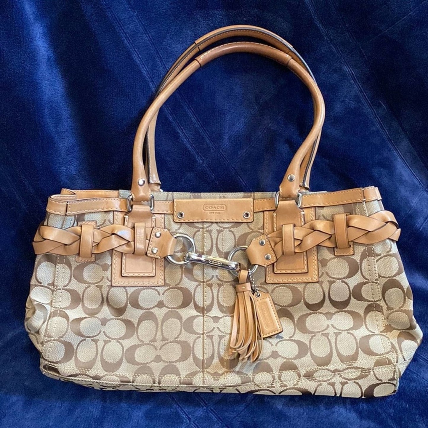 Coach Large Tan Hampton Signature Carryall Tote Purse with Braid Accents #F13068