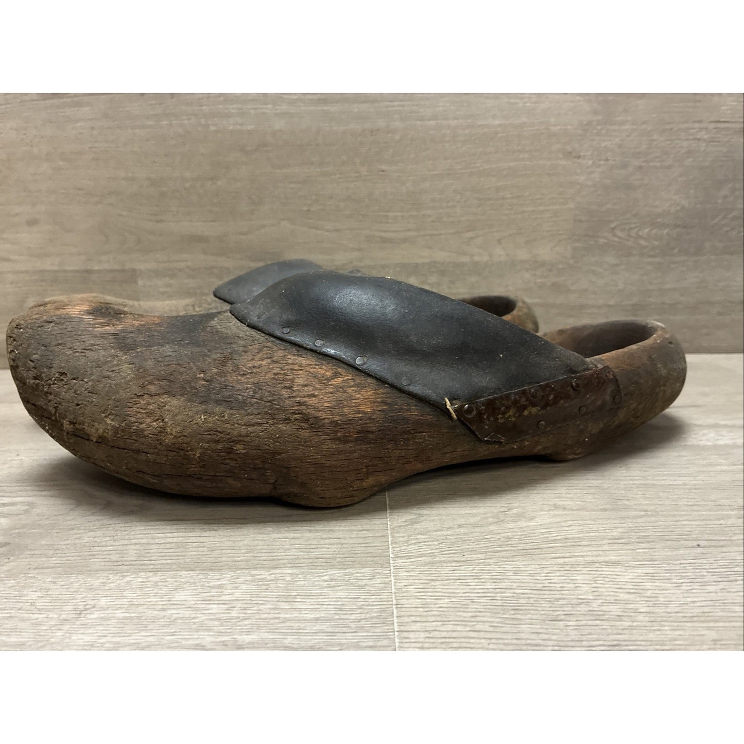 Antique Dutch Or German Wooden Clogs Shoes with Leather & Straw