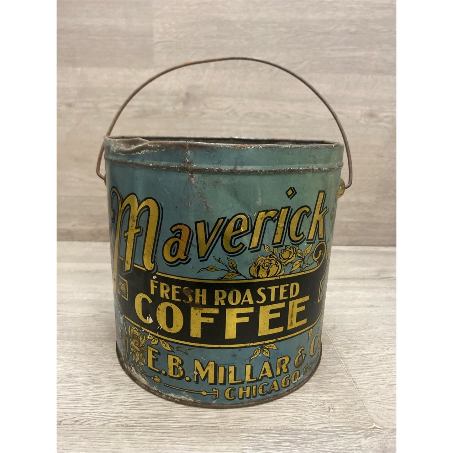 ANTIQUE MAVERICK COFFEE TIN LITHO 4LB PAIL CAN E.B. MILLAR CHICAGO GROCERY STORE