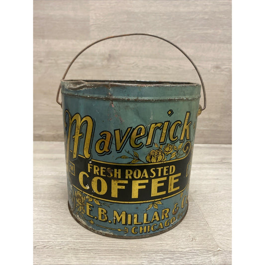 ANTIQUE MAVERICK COFFEE TIN LITHO 4LB PAIL CAN E.B. MILLAR CHICAGO GROCERY STORE