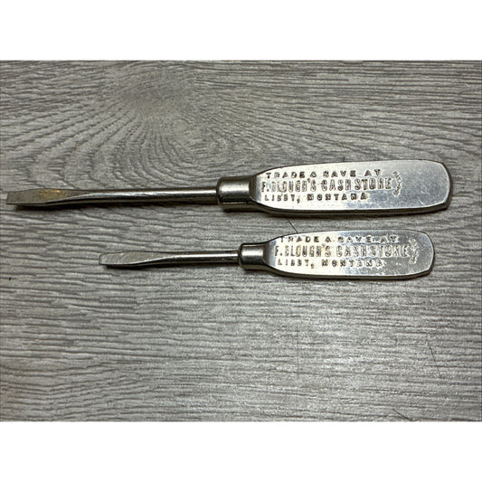 (2) VINTAGE ADVERTISING SCREWDRIVER F. BLOUGH'S CASH STORE LIBBY, MONT.