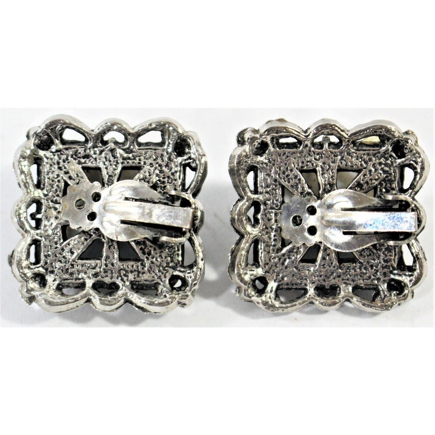 Vintage Clip-On Earrings Silver Tone & Grey Square Retro Statement 1.25" x 1.25"