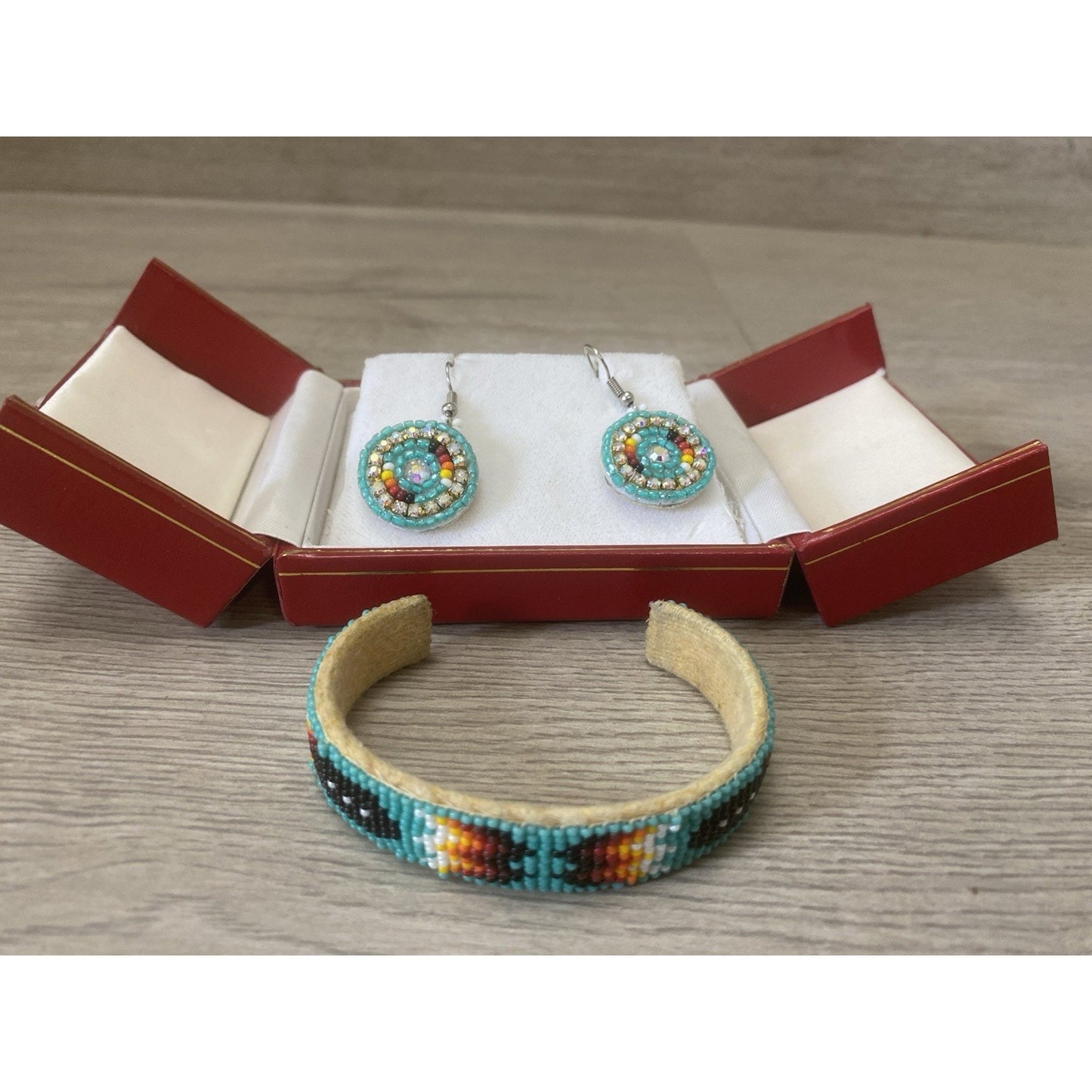 Native American Micro Beaded Cuff Bracelet & Earrings Pair