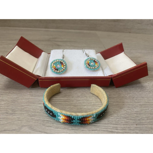 Native American Micro Beaded Cuff Bracelet & Earrings Pair
