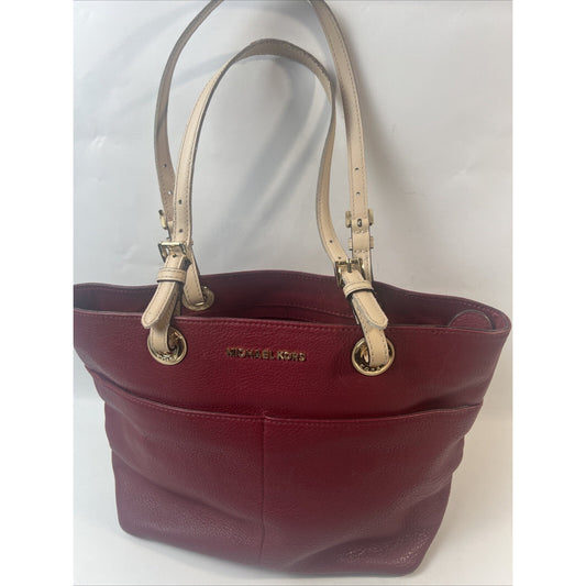 Michael Kors Bedford Red/Burg Pocket Tote Pebble Leather Purse Shopper Bag-15-11