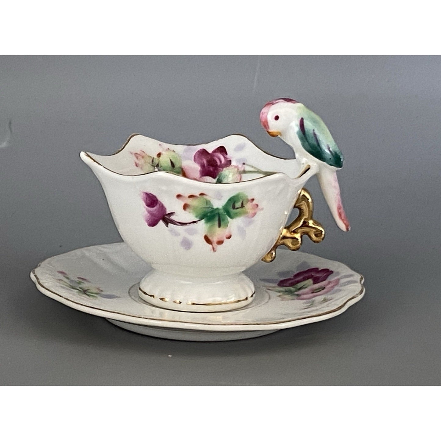 Japanese Marked Miniature Teacup & Saucer W/ Bird On Rim Floral