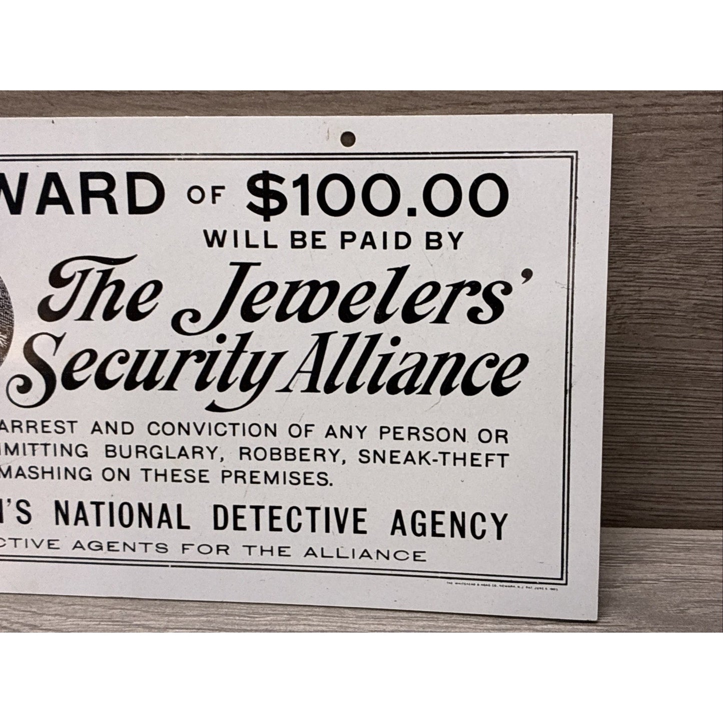 PINKERTON'S DETECTIVE AGENCY JEWLERS' SECURITY ALLIANCE HANGING SIGN W/ DOG